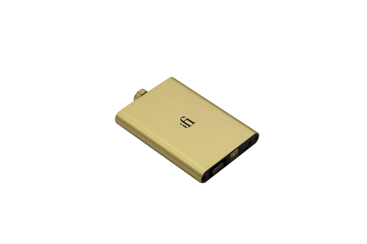 IFI Hip-dac2 Gold Edition side ports illustrate versatile outputs for balanced and unbalanced headphones.