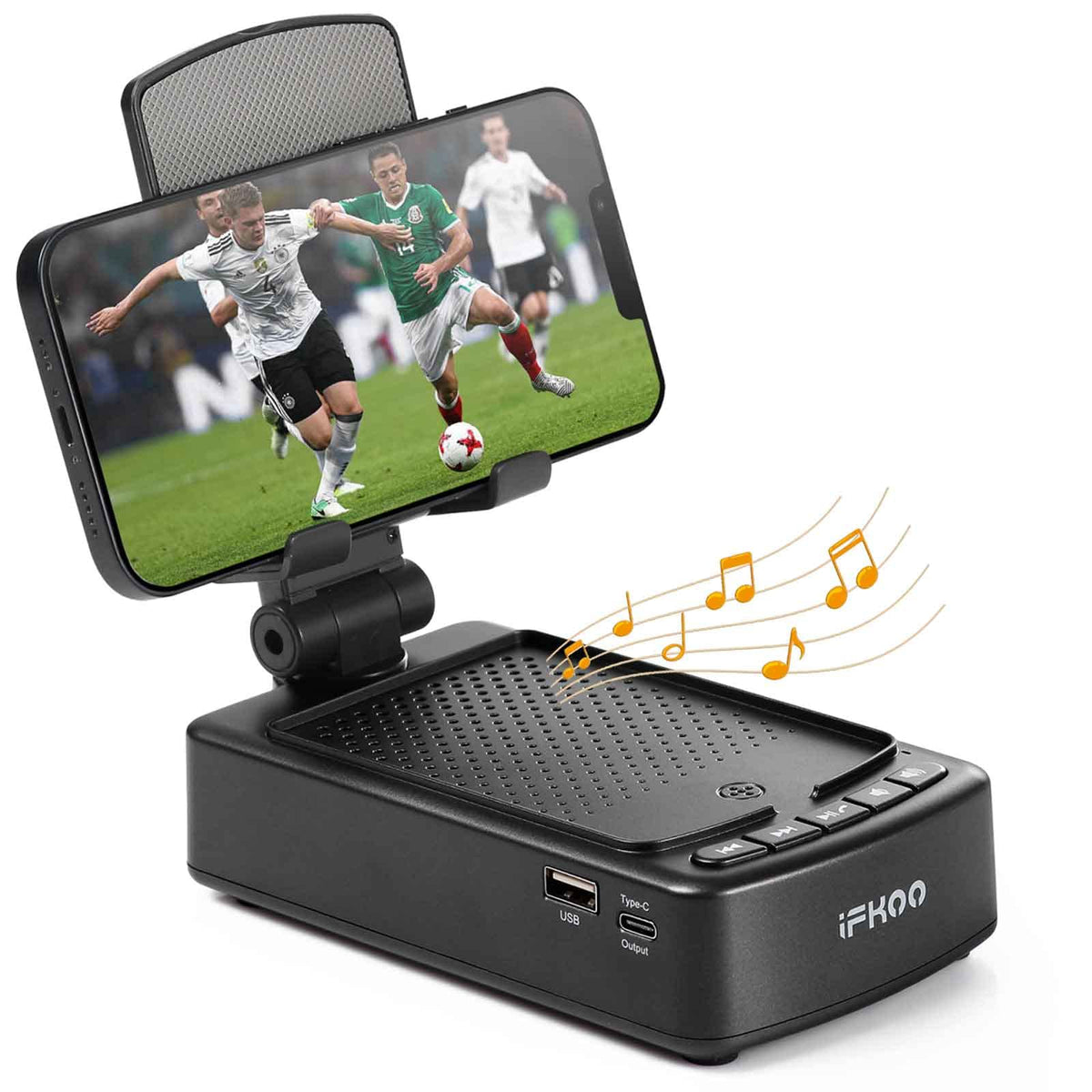 iFkoo front view with phone showing stable hold and improved audio