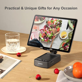 iFkoo in use on desk with tablet boosting sound and hands-free viewing