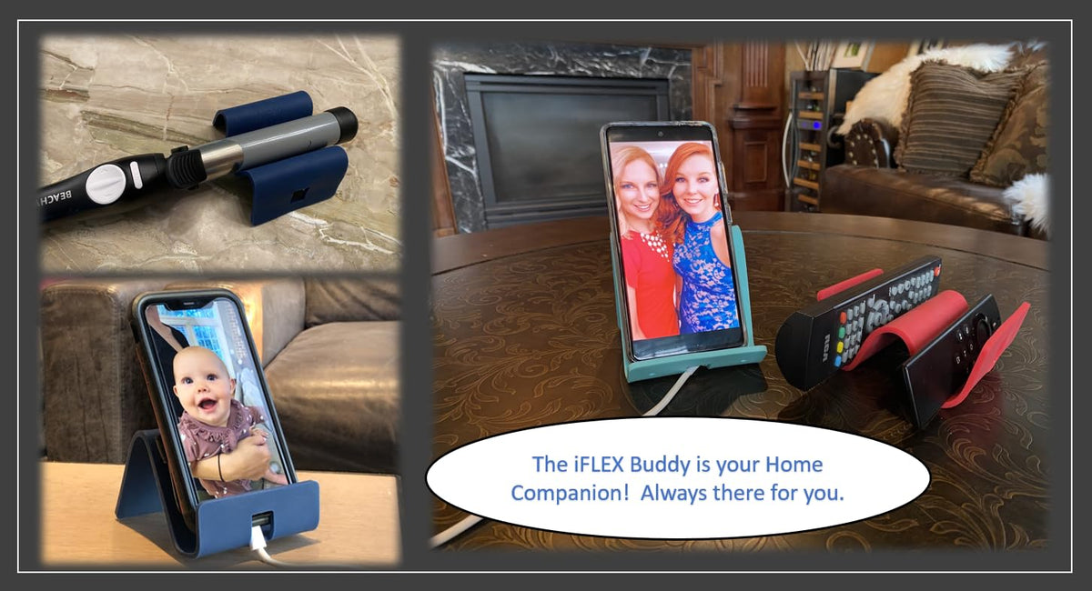 iFLEX Buddy on kitchen counter holding phone for hands-free recipe viewing