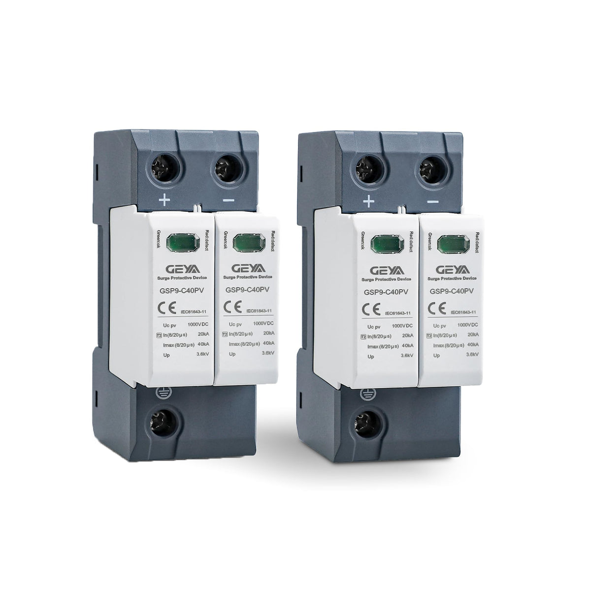 IGOYE front view of surge protector showing compact DIN-rail form and model label, protects PV systems