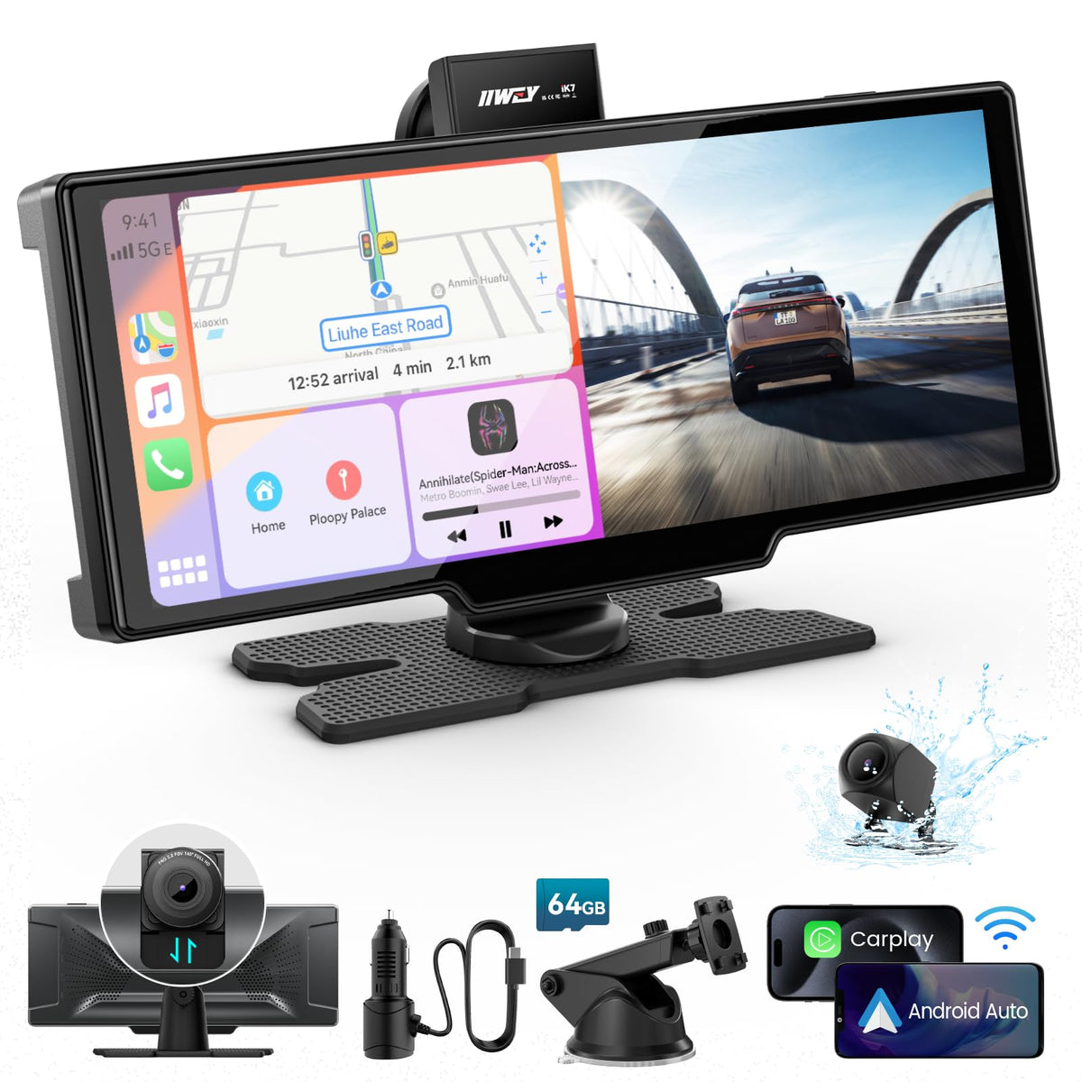 IIWEY iK7 10-inch display powering wireless CarPlay and navigation on the road.