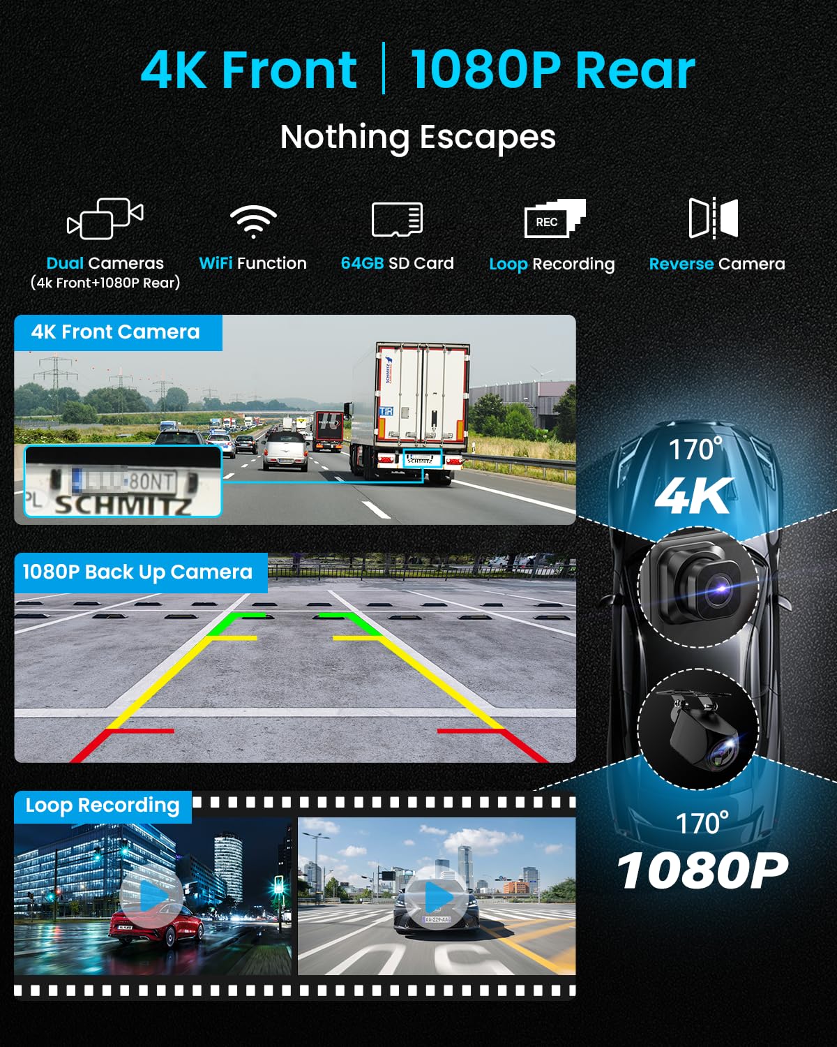 1080p rear camera complements front footage for full coverage.