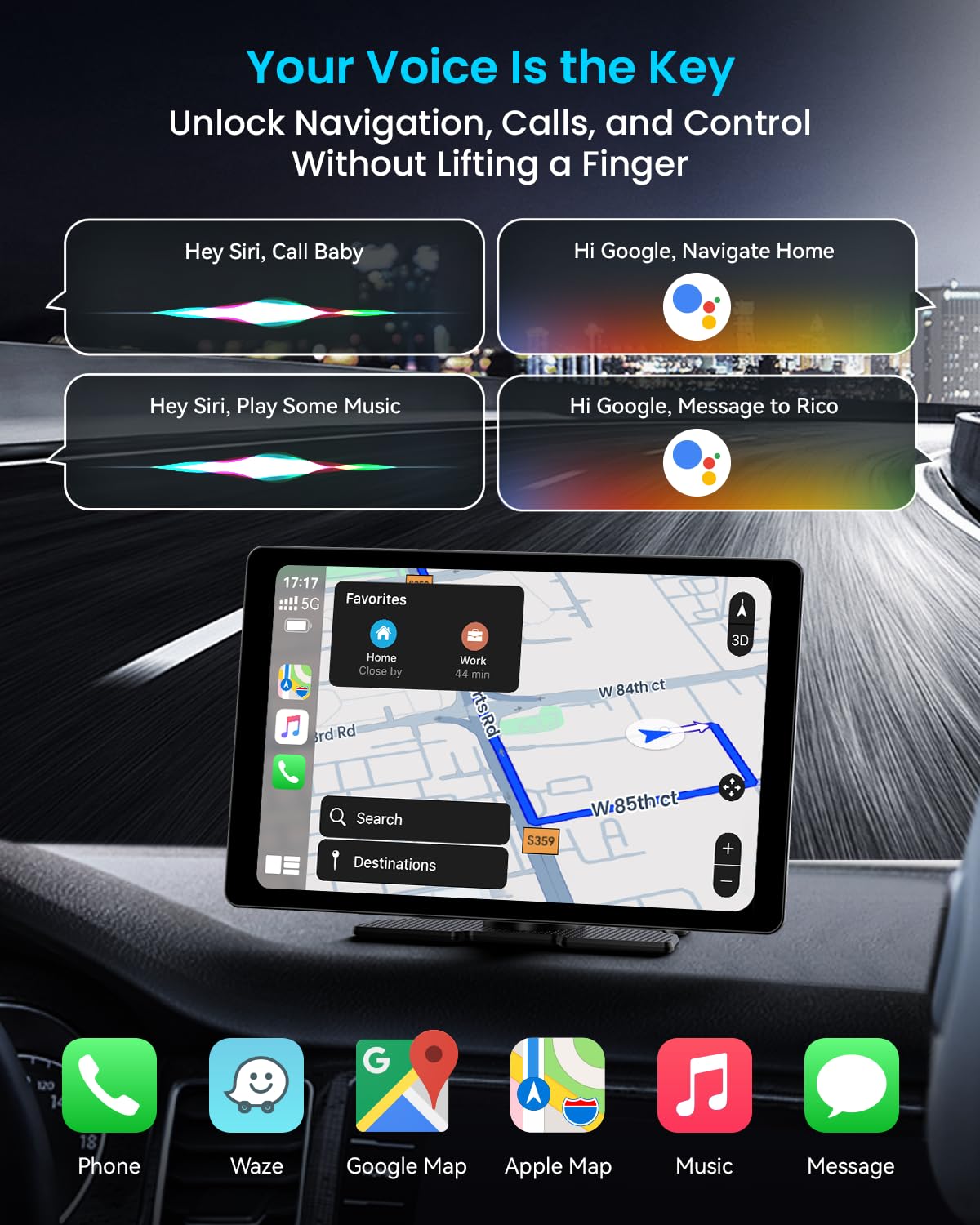 Voice control with Siri and Google Assistant aids navigation and calls.