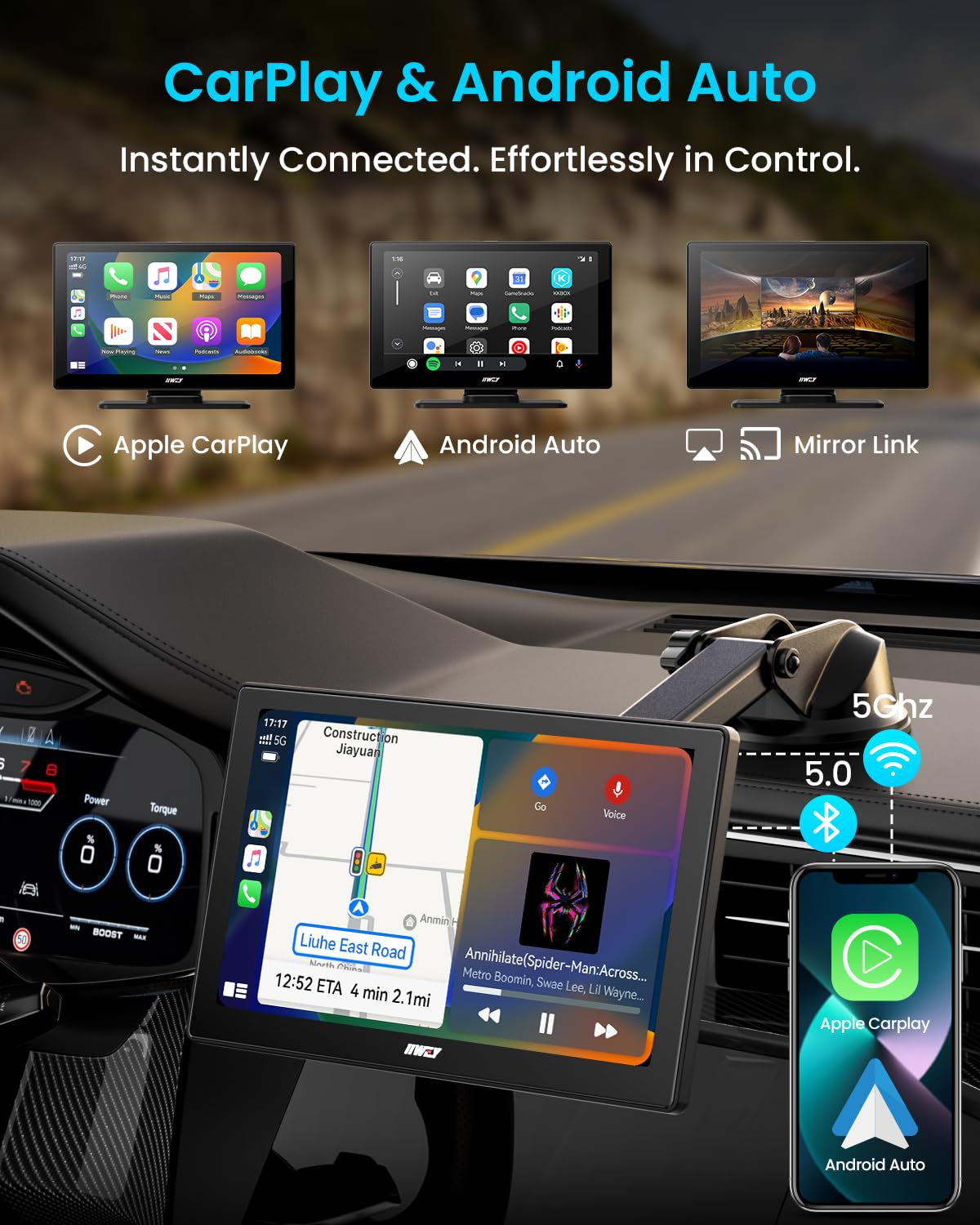 IIWEY IK5 wireless CarPlay/Android Auto for quick app access during commutes.