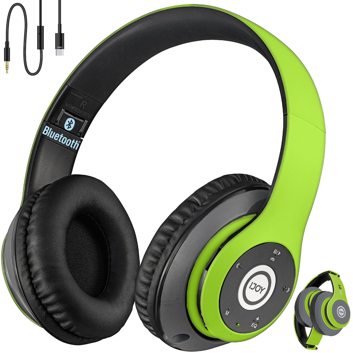 iJoy green folded Bluetooth headphones, compact travel-ready design.