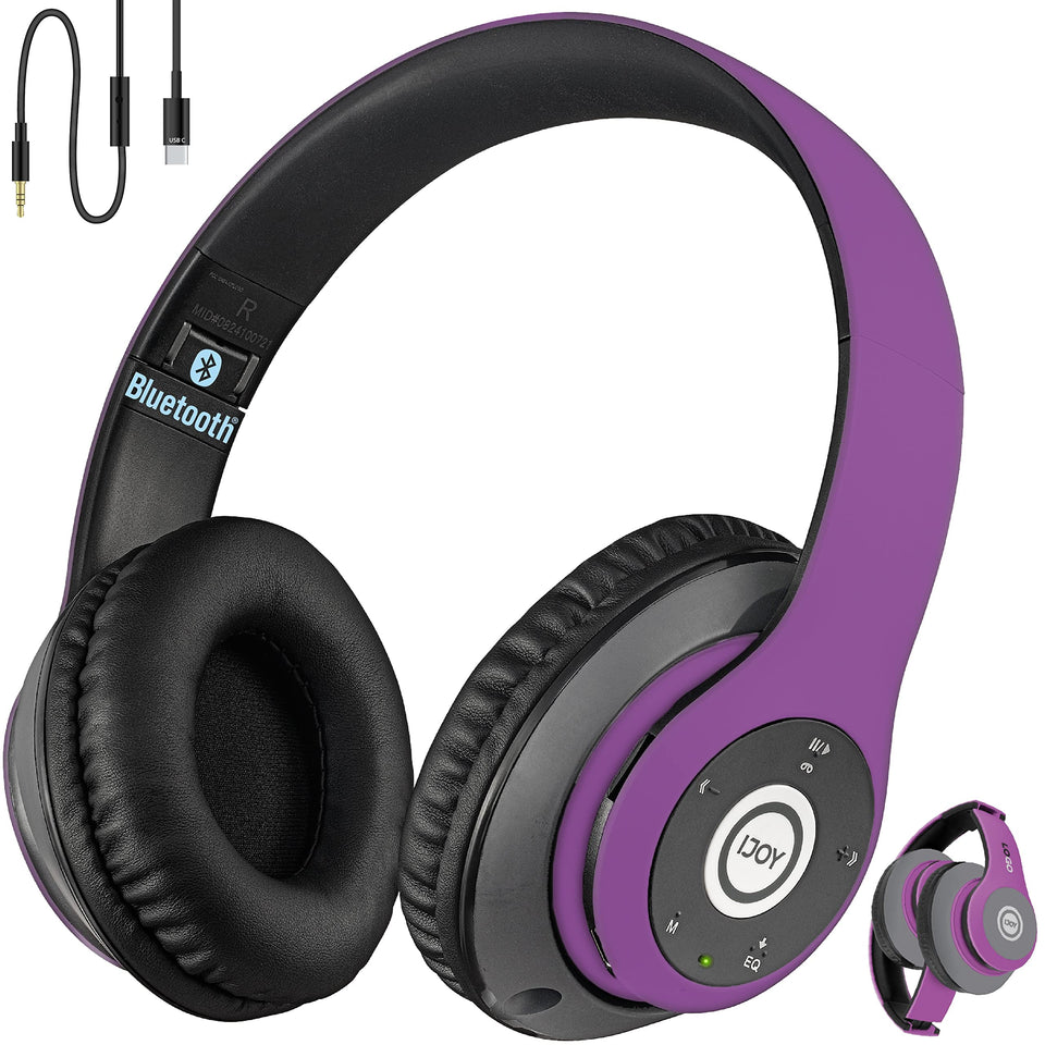 iJoy over-ear purple headphones with foldable design for easy travel and comfort