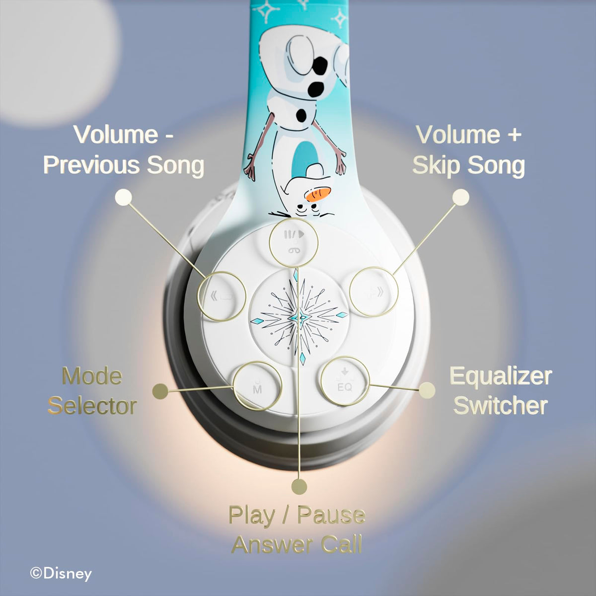 iJoy Disney Frozen headphones padded ear cups for extended comfort.