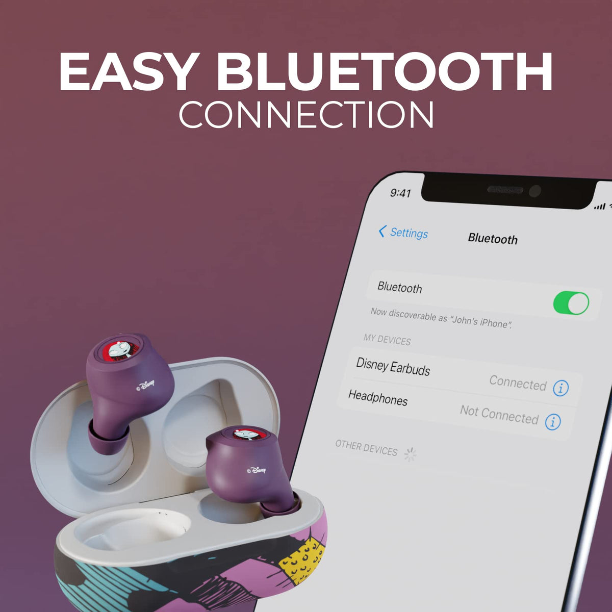 iJoy Disney Sally earbuds used on a commute showing wireless convenience and long battery life
