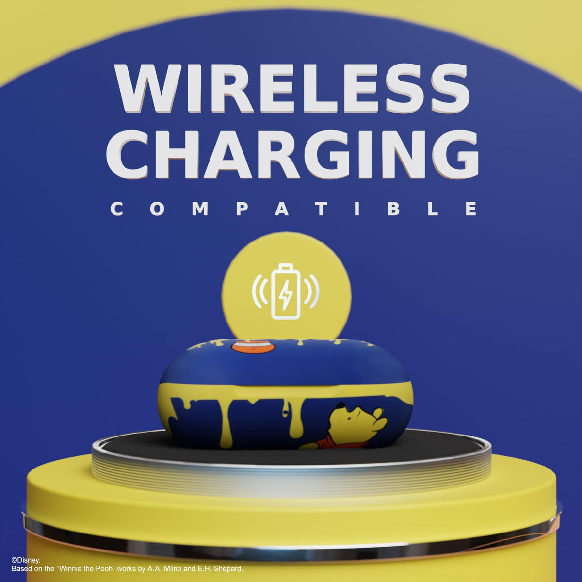 iJoy Disney Winnie The Pooh earbuds compact case on a desk for travel-ready power.