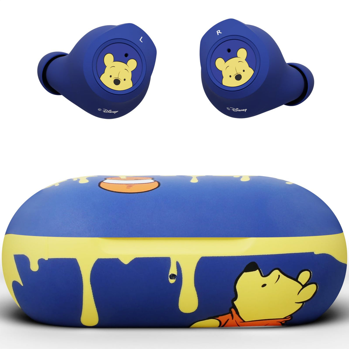 iJoy Disney Winnie The Pooh earbuds front view showing compact, portable design for on-the-go listening.