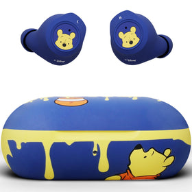 iJoy Disney Winnie The Pooh earbuds front view showing compact, portable design for on-the-go listening.