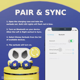 iJoy Disney Winnie The Pooh earbuds setup with Bluetooth devices for seamless pairing.