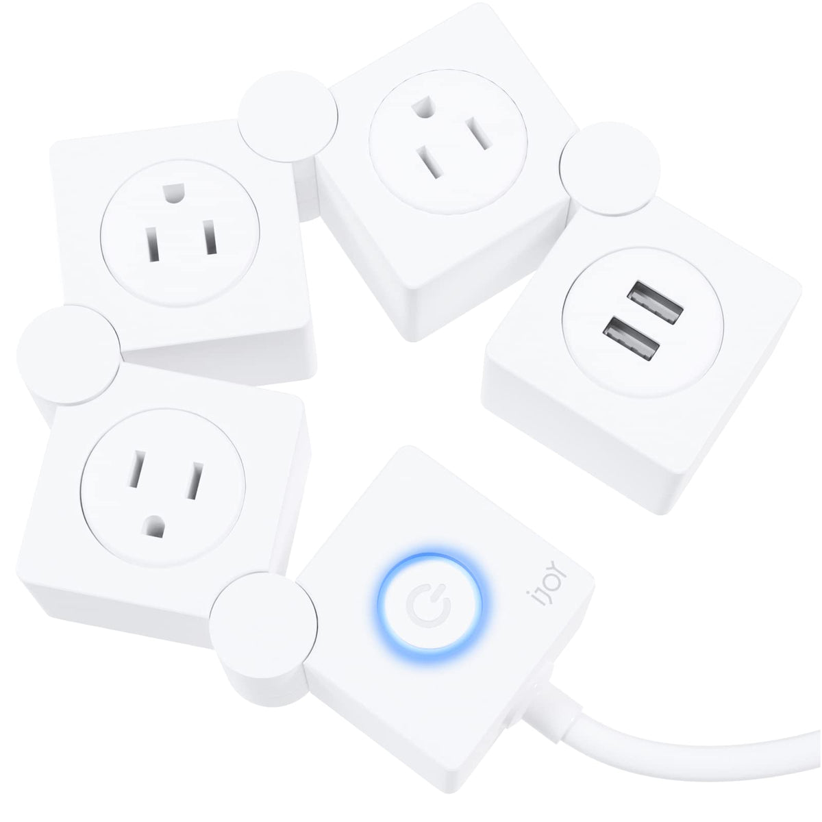 iJoy flexible power strip front view with three outlets for organized desk setup