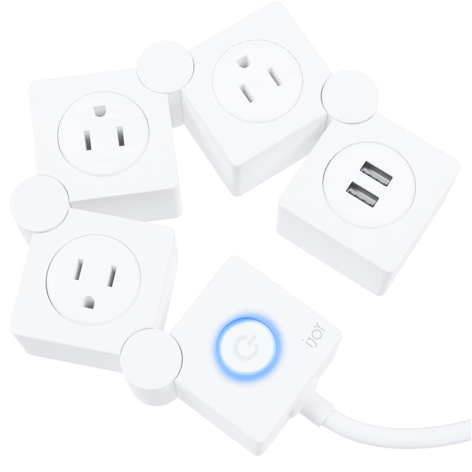 iJoy flexible power strip front view with three outlets for organized desk setup