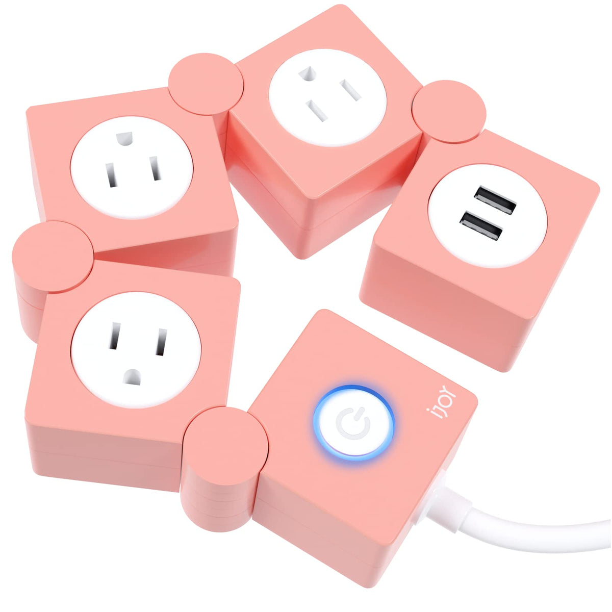 iJoy flexible power strip with pink extension cord keeps desk charging tidy.