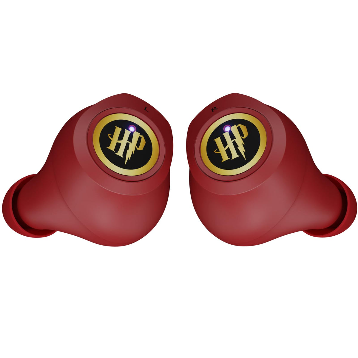 iJoy Gryffindor earbuds seated in red charging case for easy portability