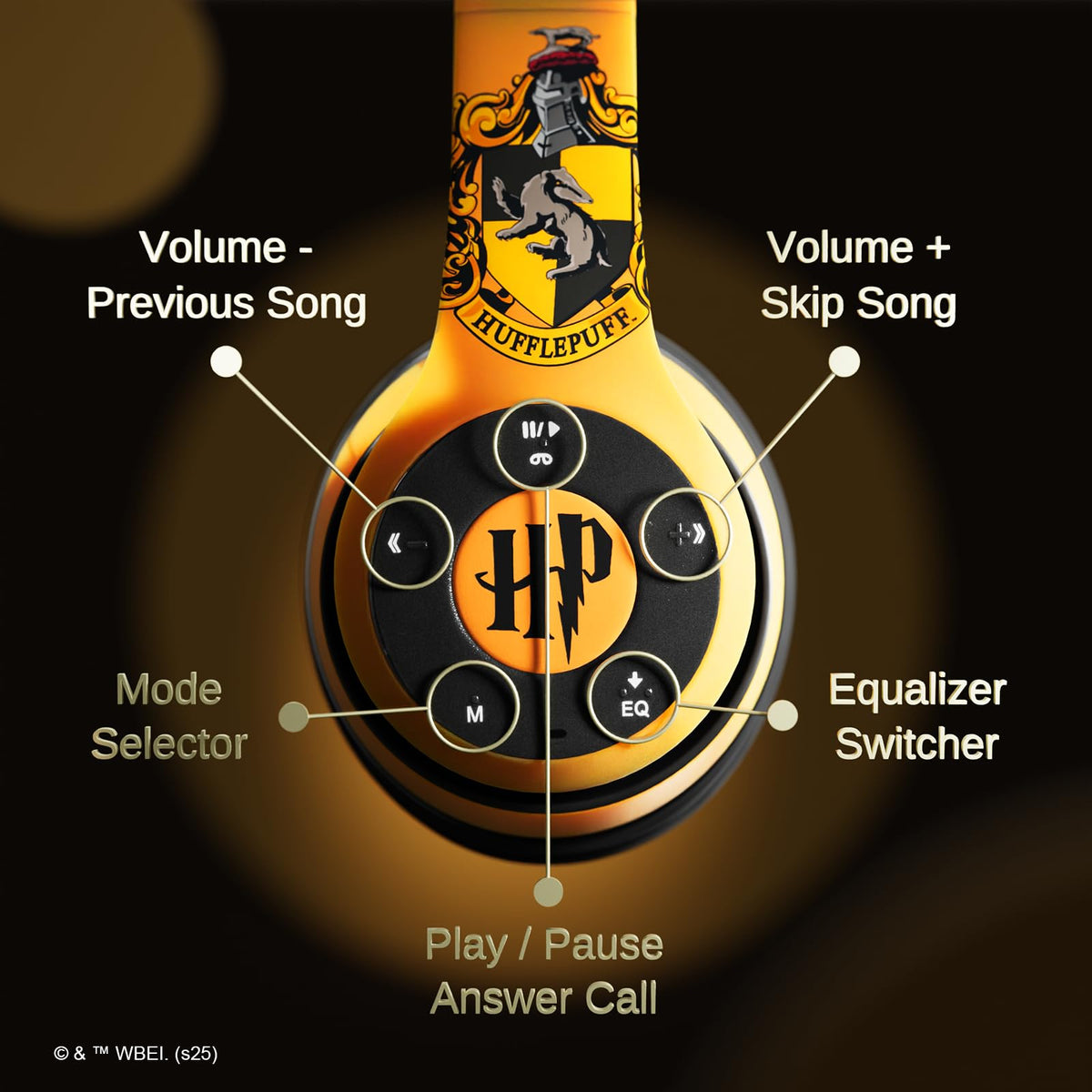 iJoy Hufflepuff headphones battery indicator showing long playtime potential.