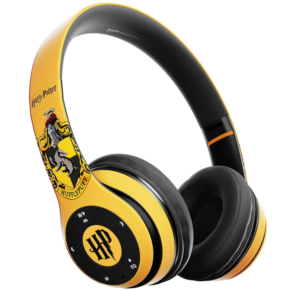 iJoy Harry Potter Hufflepuff headphones front view with crest and yellow accents.