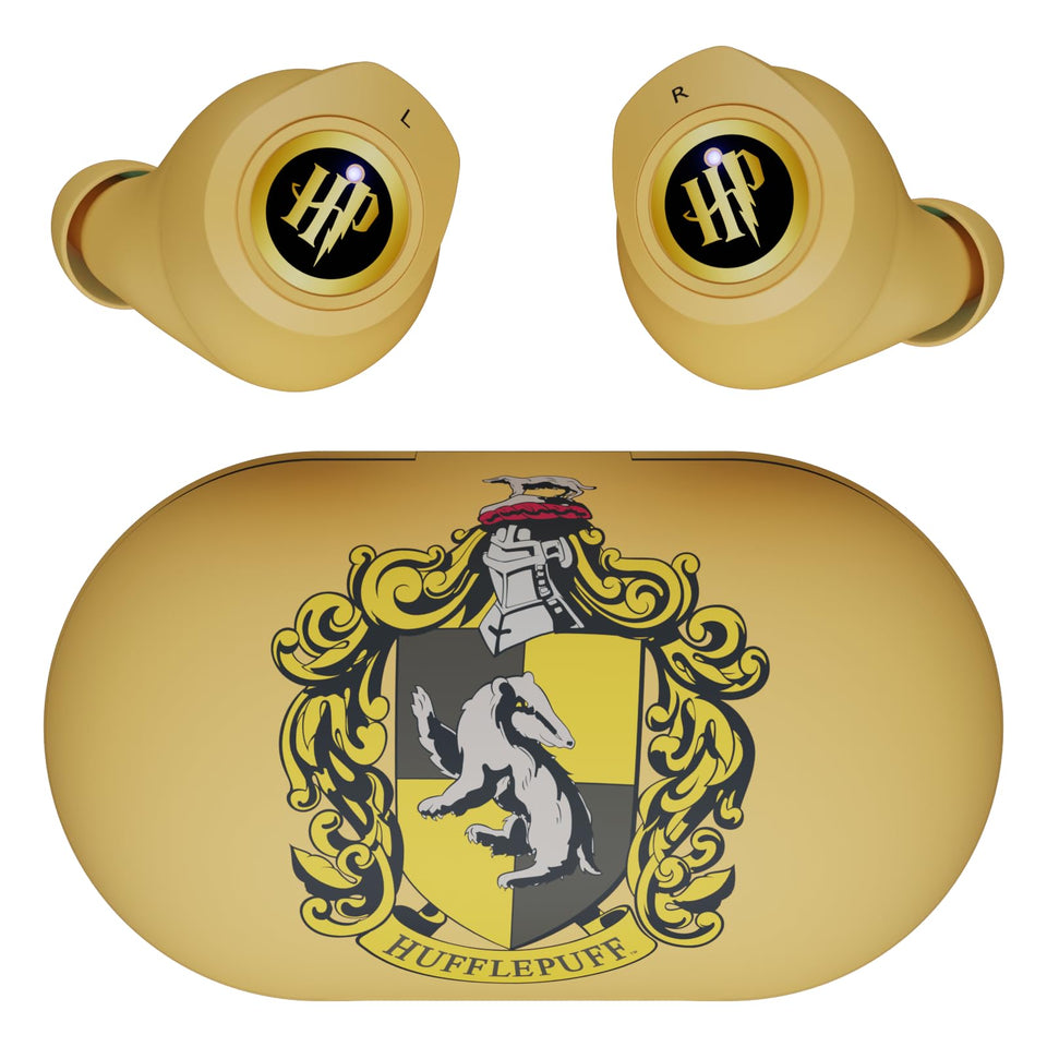 iJoy Hufflepuff front view with open yellow case showing earbuds and quick portability
