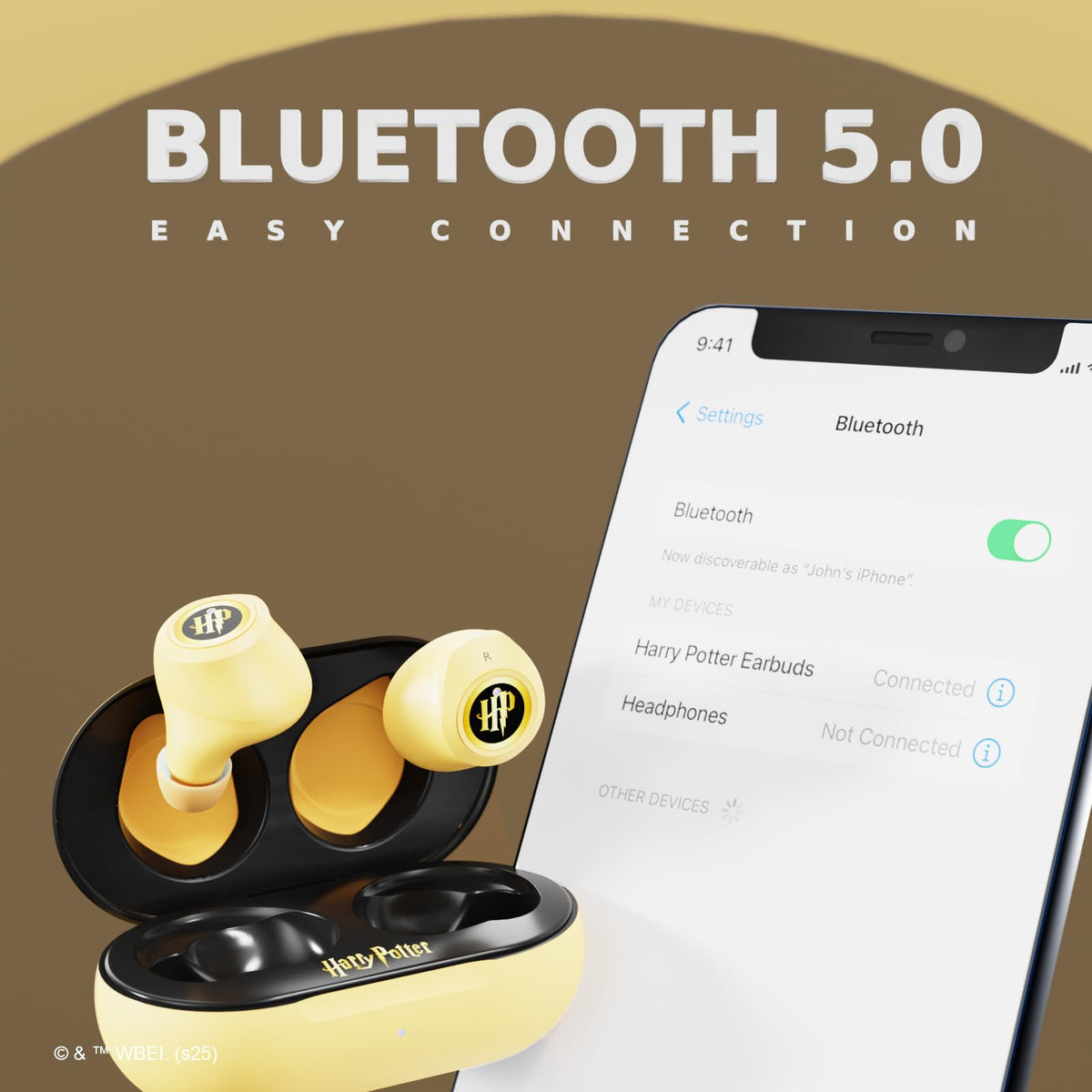 iJoy Hufflepuff earbuds in hand for scale showing compact pocketable design
