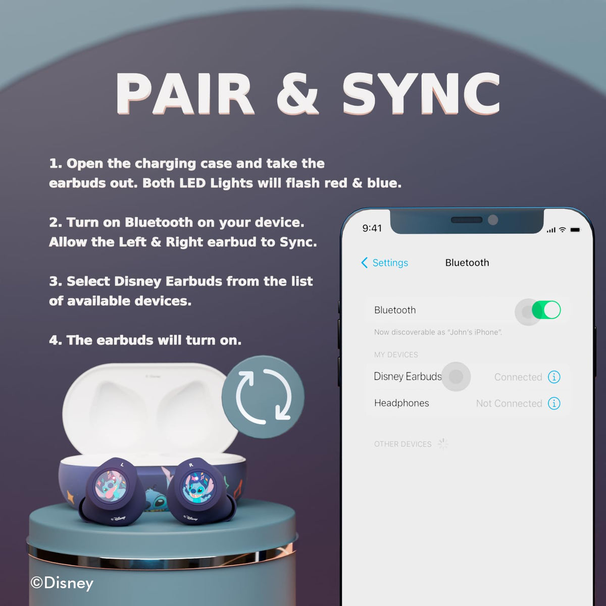 iJoy Stitch earbuds staged on backpack for travel showing convenient on-the-go charging benefit