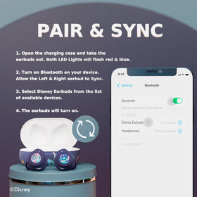 iJoy Stitch earbuds staged on backpack for travel showing convenient on-the-go charging benefit