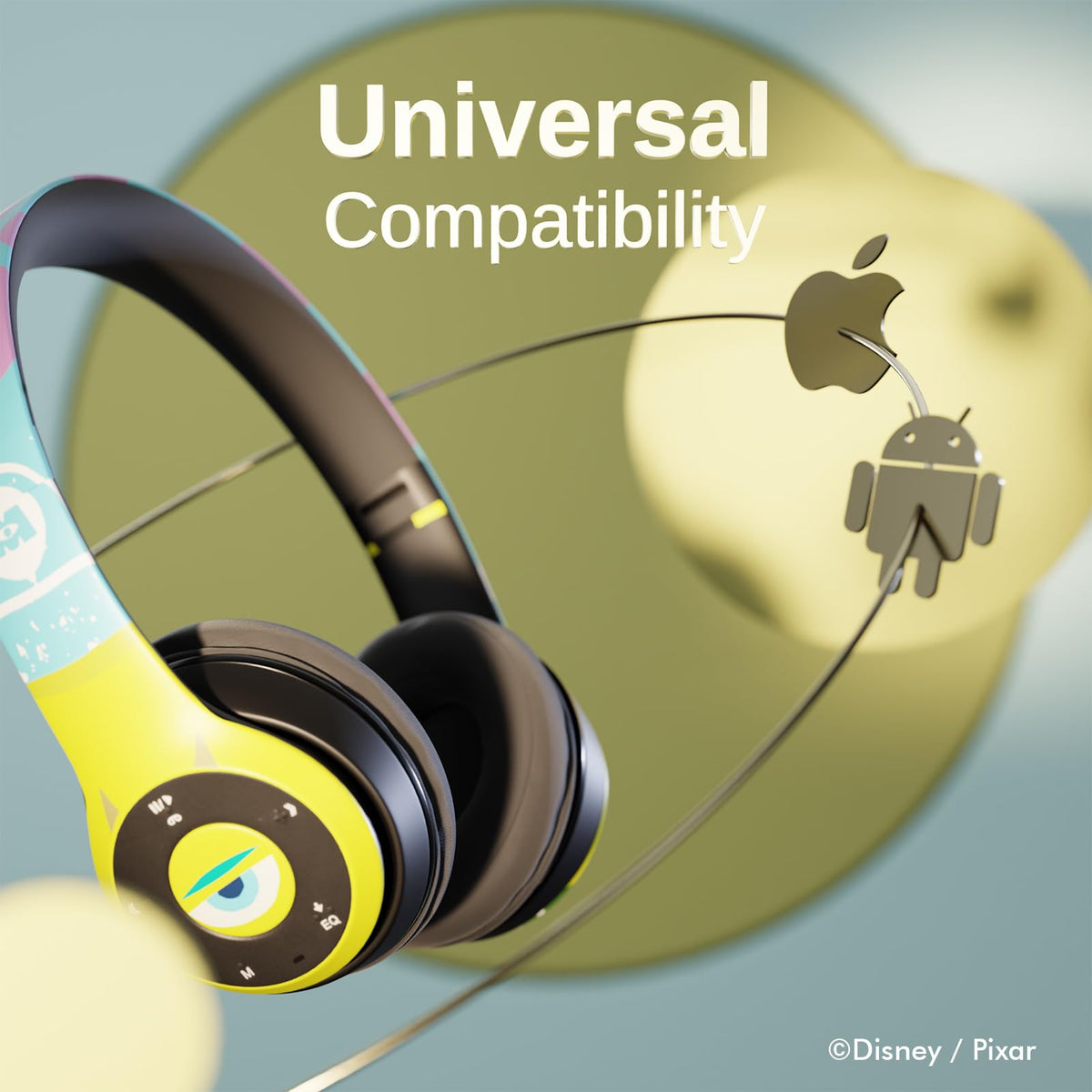 iJoy Monsters Inc Bluetooth headphones with 33 ft wireless range for flexible use.