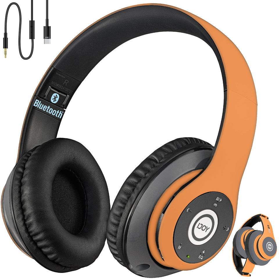 iJoy over-ear headphones orange front view, ideal for immersive music on the go.