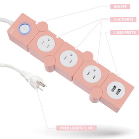 iJoy pink surge protector with three outlets and two USB ports for convenient charging.