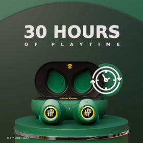 iJoy charging case crest close-up showing official Slytherin detail