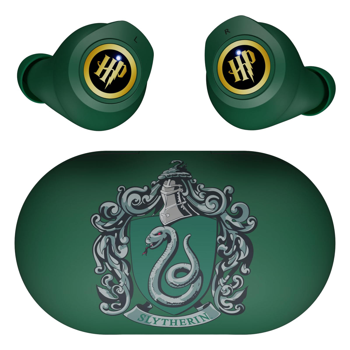 iJoy Slytherin charging case front showing crest and storage benefit