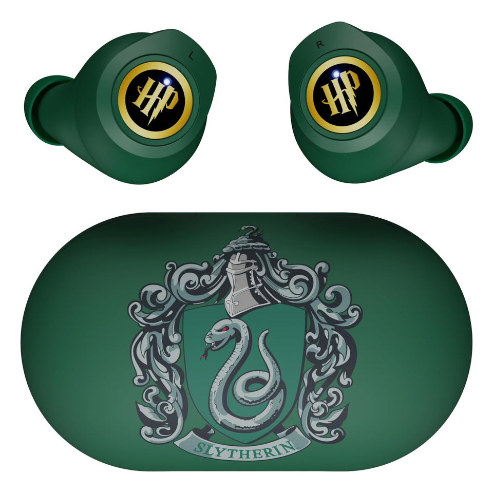 iJoy Slytherin charging case front showing crest and storage benefit
