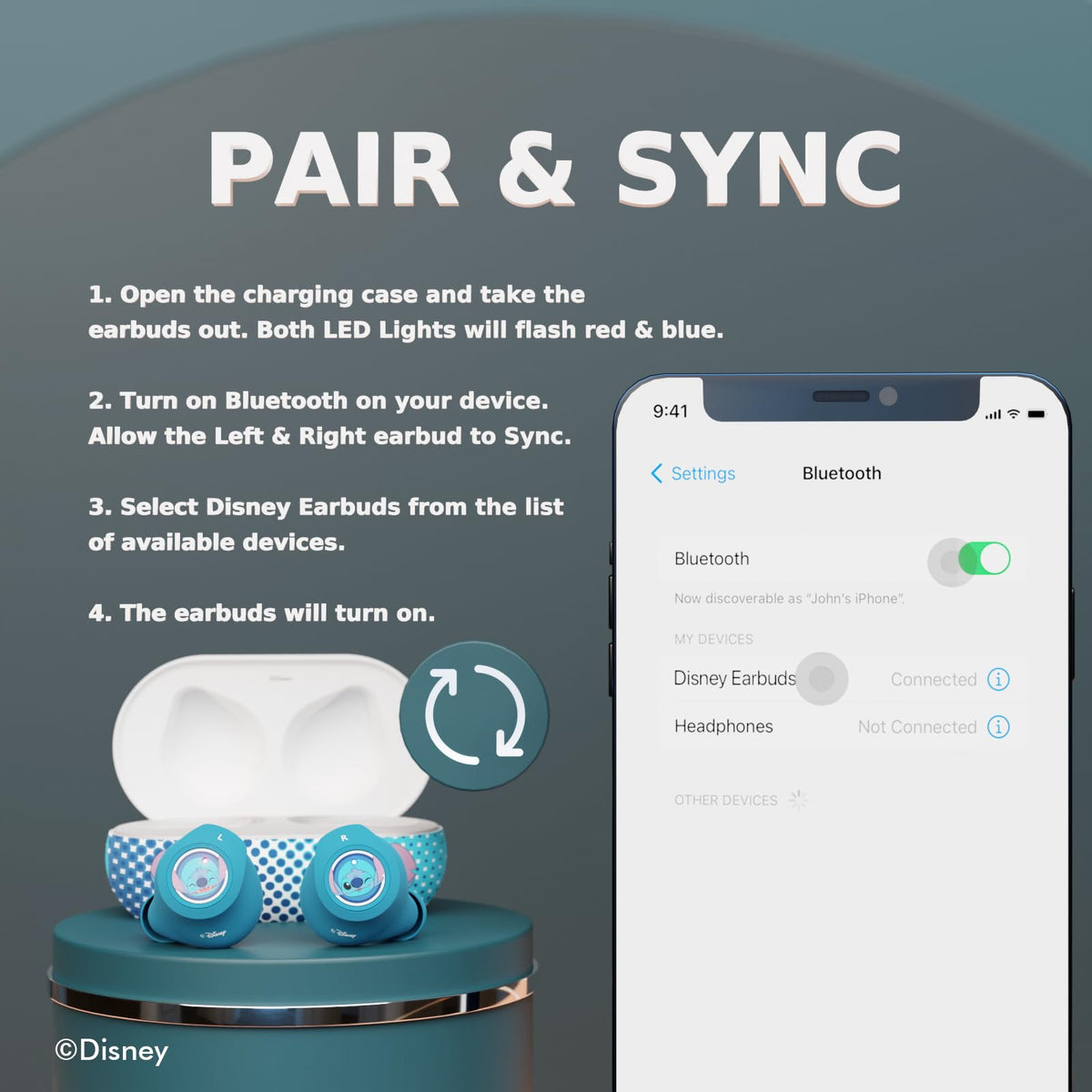 iJoy Stitch earbuds in outdoor scene portraying travel-friendly battery life