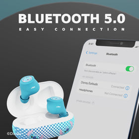 iJoy Stitch earbuds next to phone illustrating compact size and easy pairing