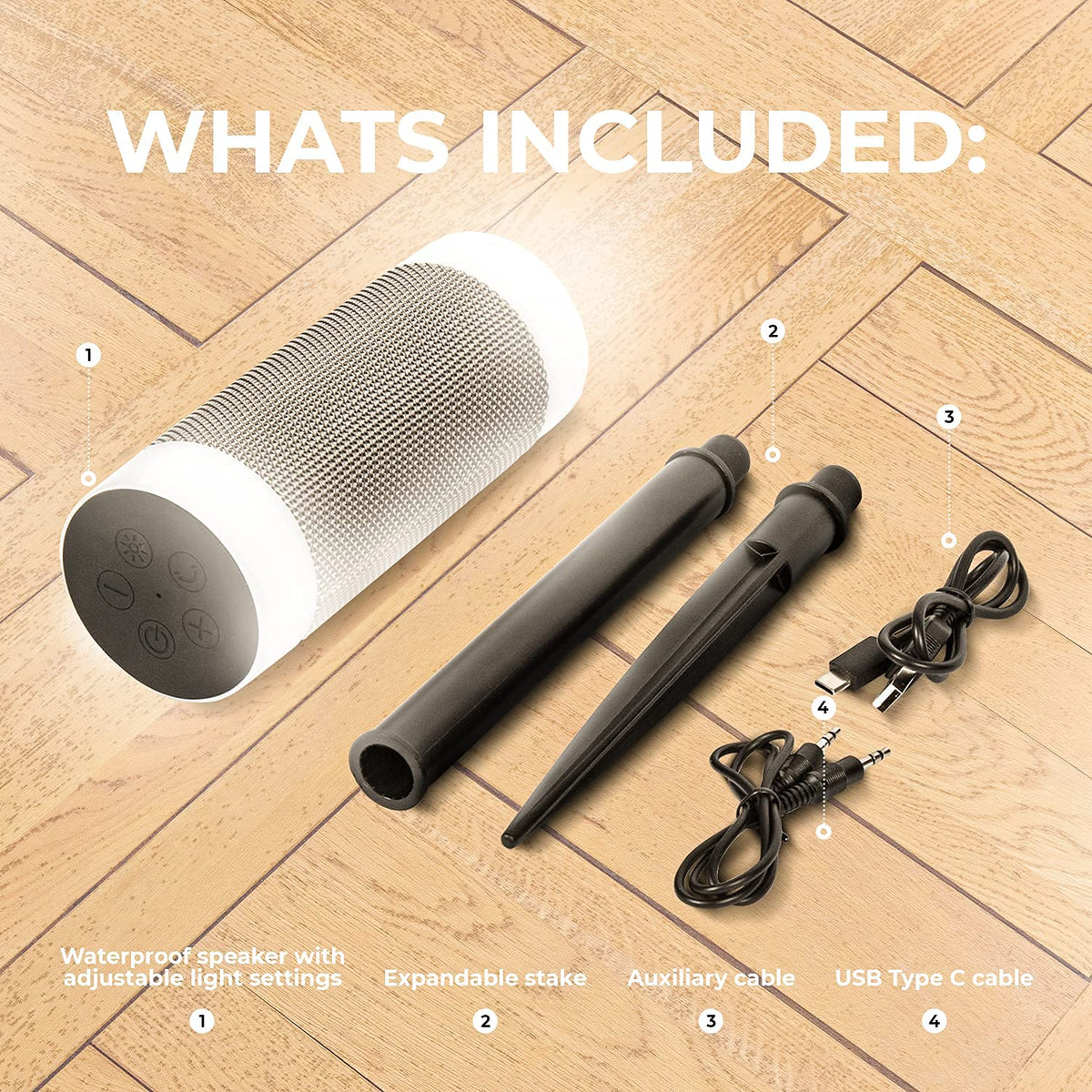 iJoy tiki speaker adjustable stake extended for elevated outdoor sound.