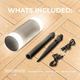 iJoy tiki speaker adjustable stake extended for elevated outdoor sound.