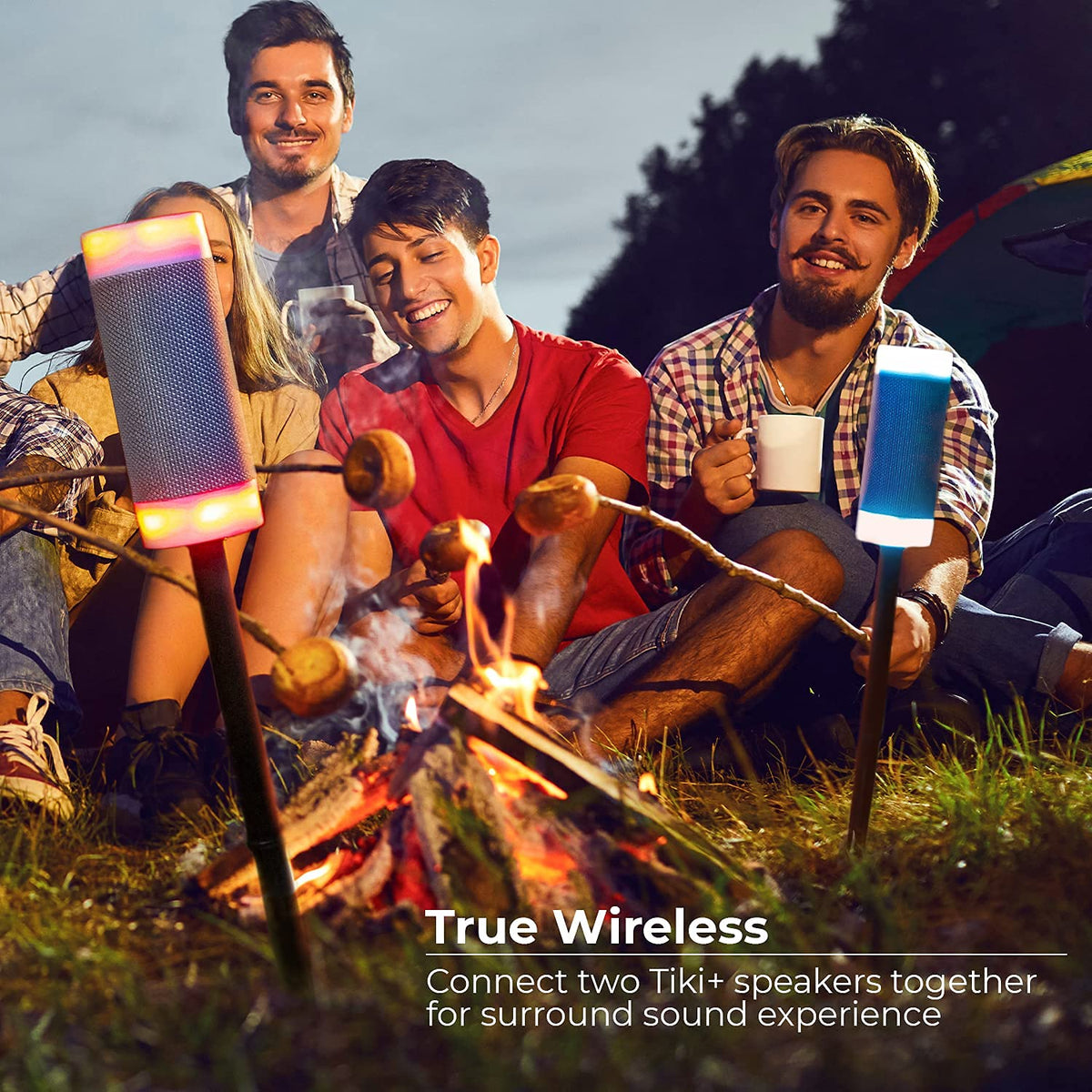 iJoy tiki speaker backyard lighting and music for evening gatherings.