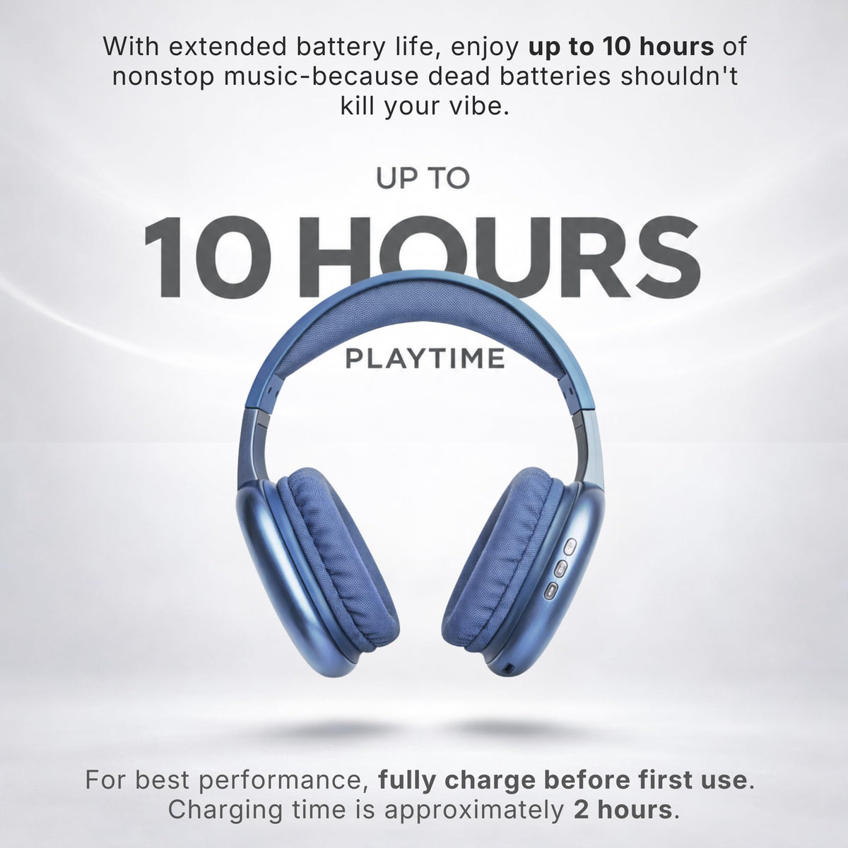 iJoy Ultra Wireless Headphones blue on desk showing easy controls