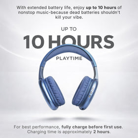 iJoy Ultra Wireless Headphones blue on desk showing easy controls