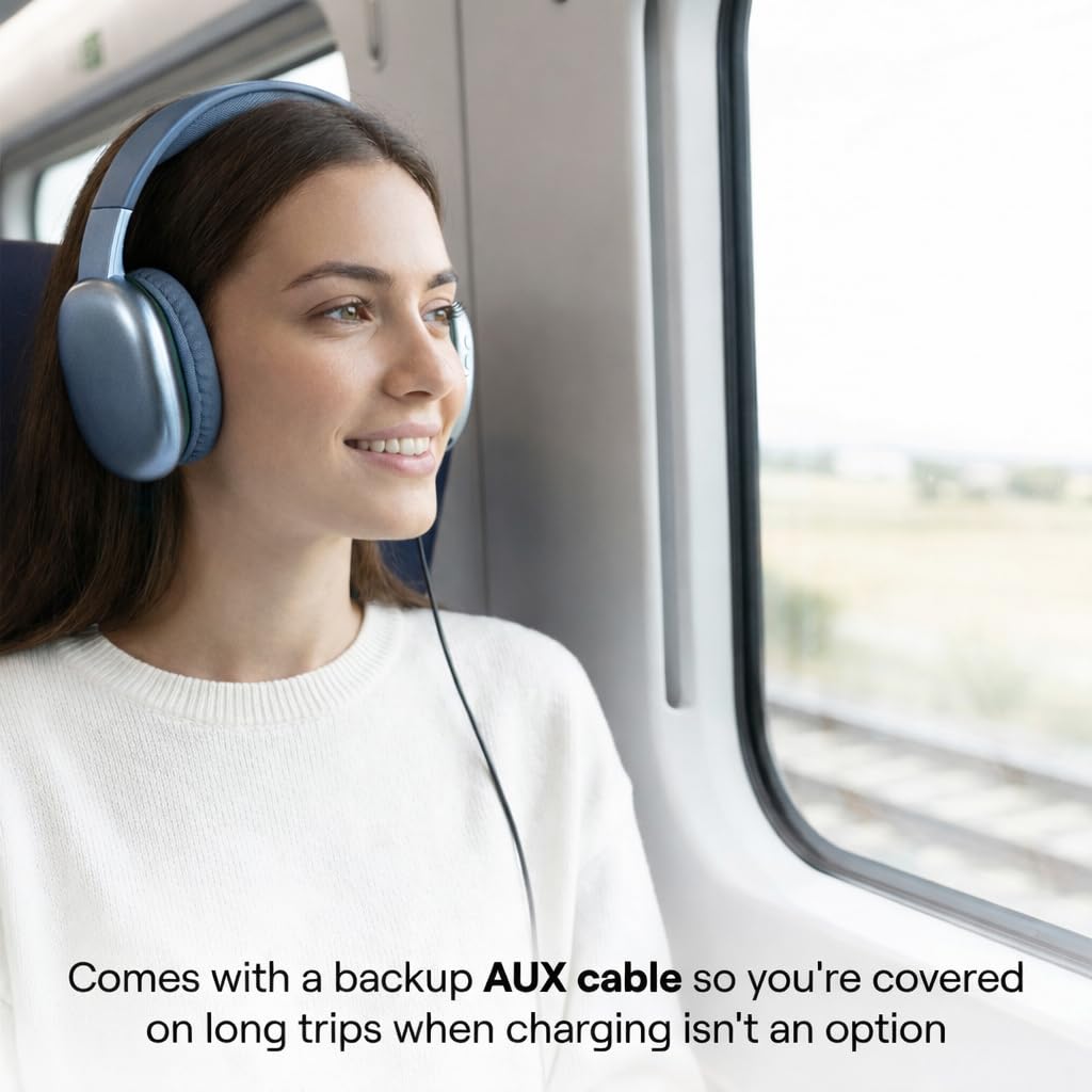iJoy Ultra Wireless Headphones blue in travel scenario