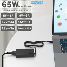IKFJQCOA 65W USB-C charger with cable, side ports, stable power for daily use.