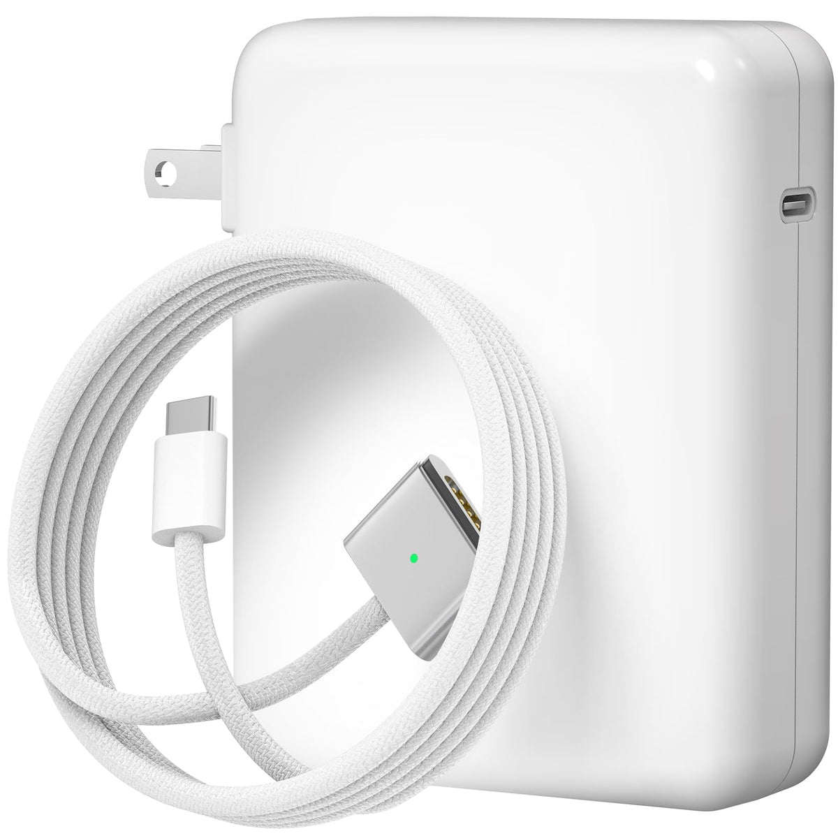 IKNUH 140W adapter front view showing durable housing and safety benefit