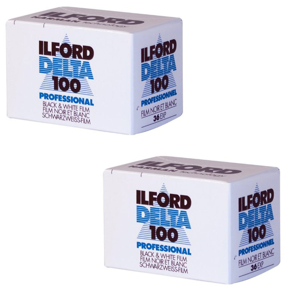 Ilford Delta 100 35mm front packaging showing twin-roll pack and clear labeling for sharp results