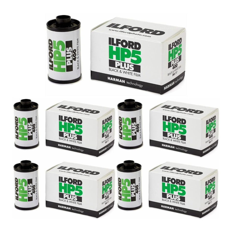 Ilford HP5 Plus 35mm film roll bundle displayed for journalism and travel photography.