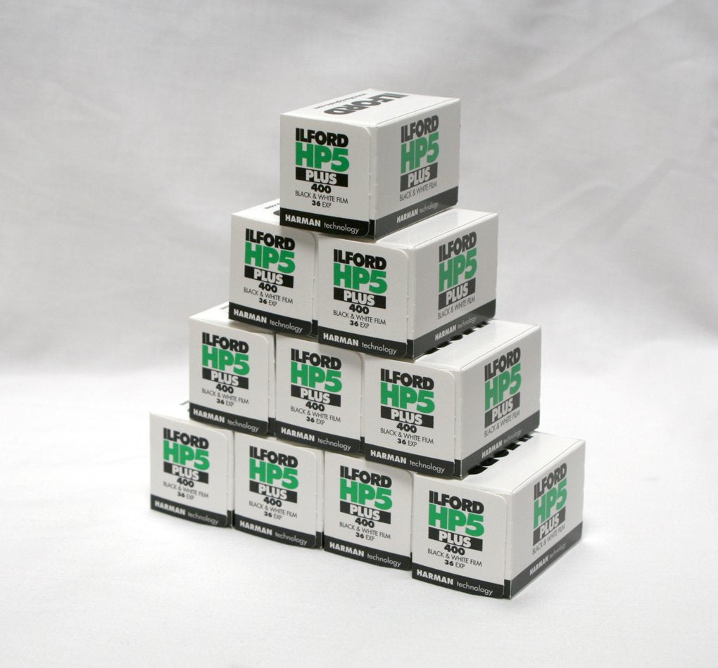 Ilford HP5 Plus 36-exp film pack image showing 10 rolls for versatile 35mm photography