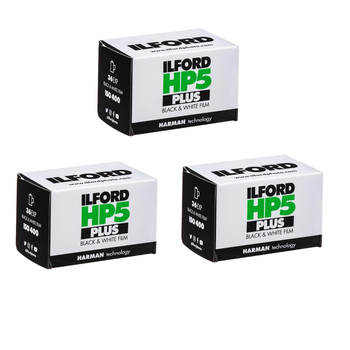 Ilford HP5 PLUS pack front showing three 35mm cartridges and clear labeling, great for reliability