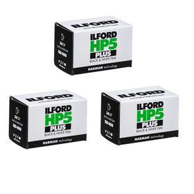 Ilford HP5 PLUS pack front showing three 35mm cartridges and clear labeling, great for reliability