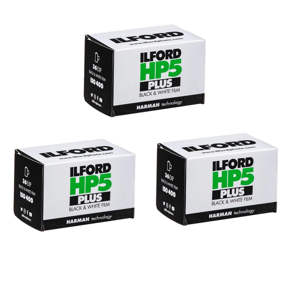 Ilford HP5 PLUS pack front showing three 35mm cartridges and clear labeling, great for reliability
