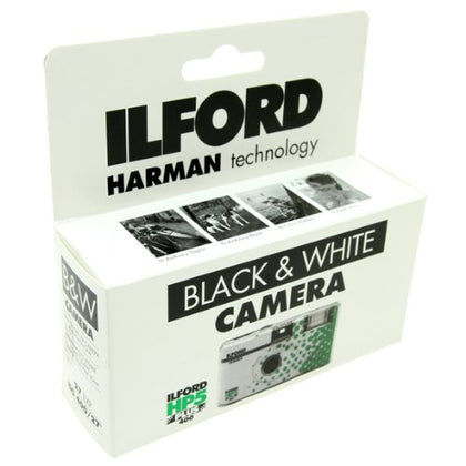 Ilford front view of single-use HP5+ camera with flash showing ready-to-shoot convenience